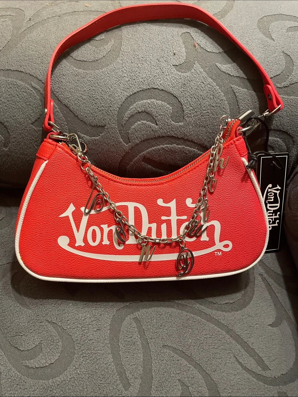 Von Dutch Red Mini Shoulder Bag with Logo Charm Chain - Picture 3 of 5